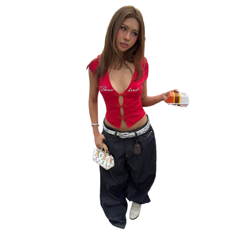 Red Deep V-Neck Short Sleeve Top with Bow Tie Cutouts & Letter Embroidery - Image 5